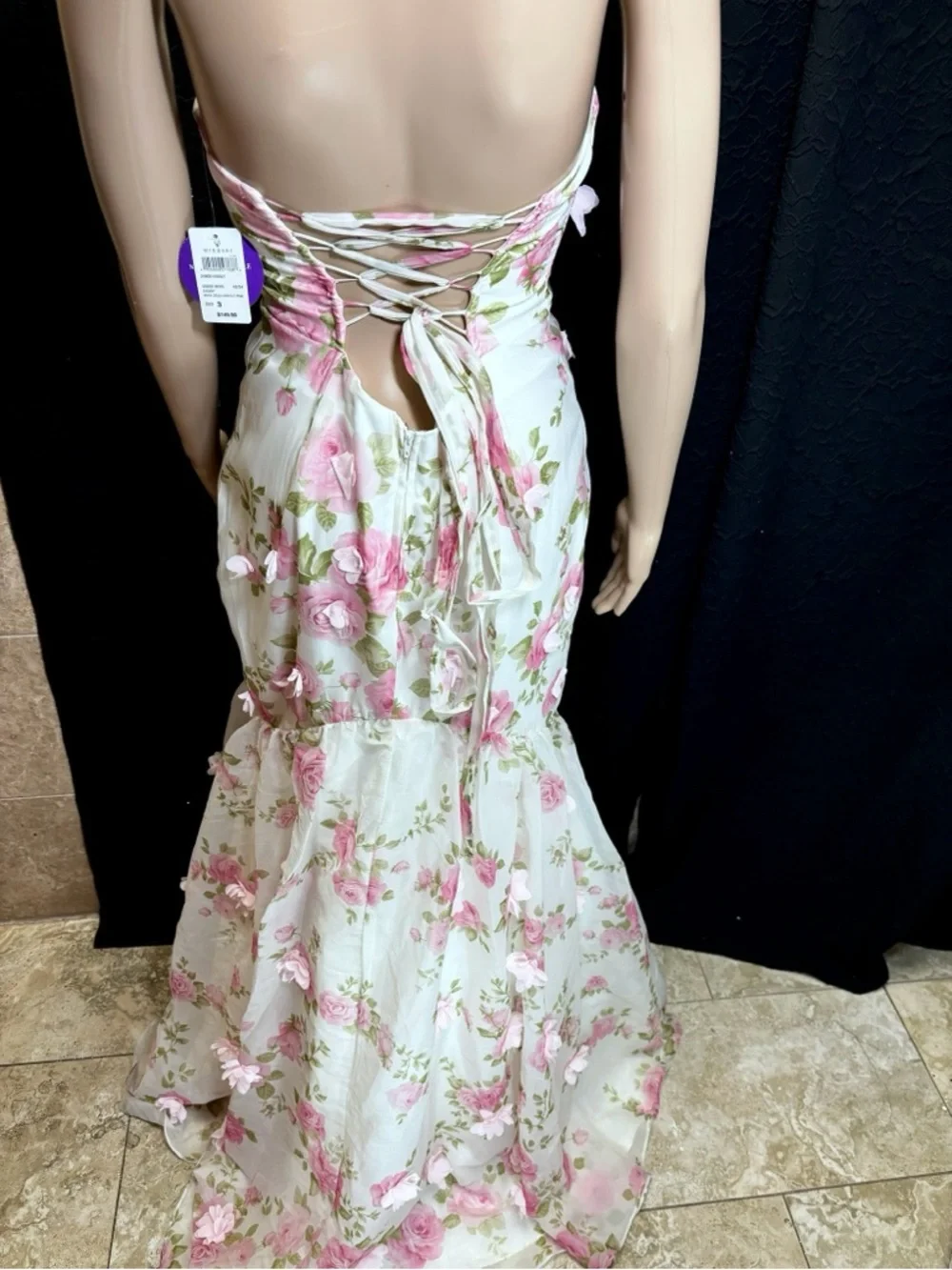 Floral Lace-Up Corset Maxi Dress 🌸 | 3D Roses / Open Back - Picture 7 of 7